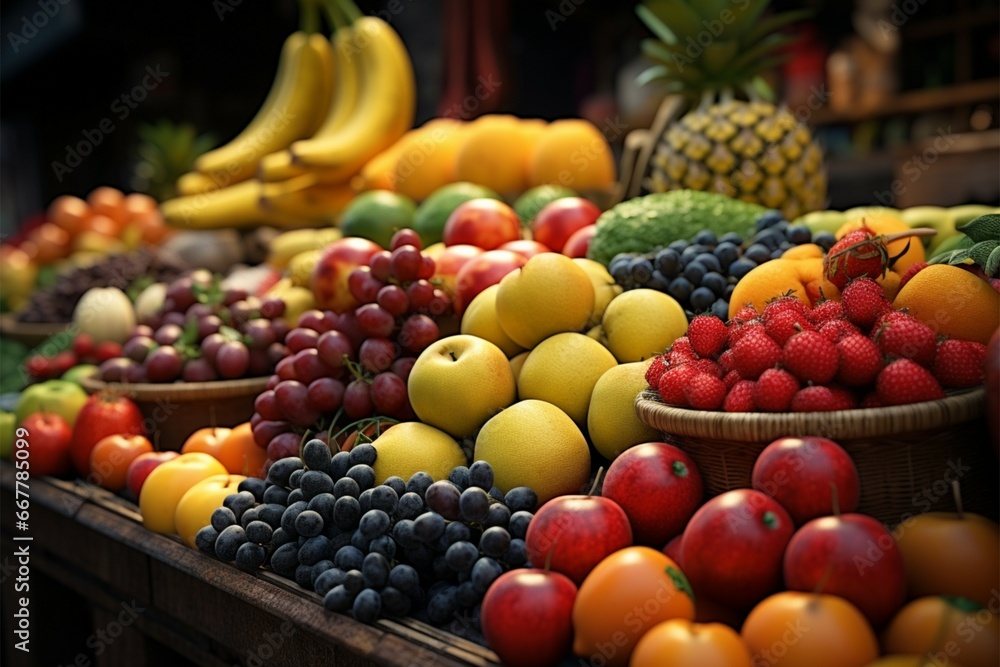 Colorful street bazaar with an abundance of fresh, enticing fruits