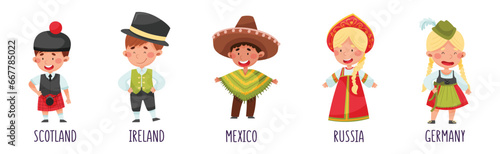 Kids Wearing National Costumes Of Different Countries Vector Set