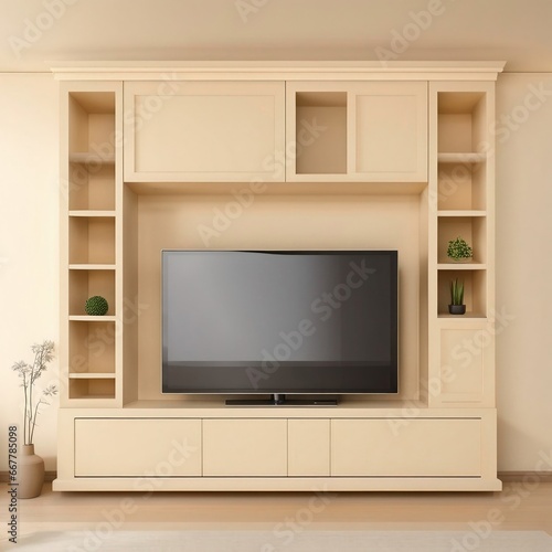 Cabinet for TV on the cream color wall in living room,minimal design, Generative AI © Kishan