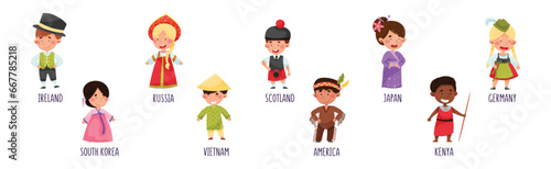 Kids Wearing National Costumes Of Different Countries Vector Set