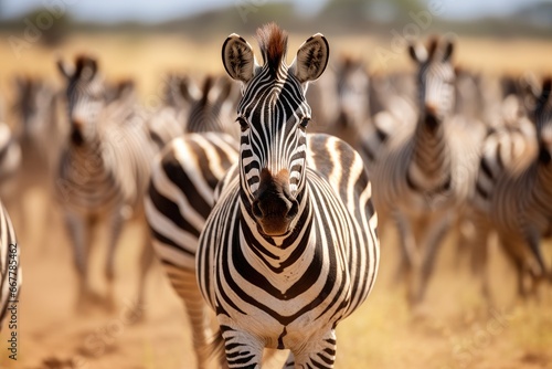  a herd of zebras walking across a dry grass field.  generative ai
