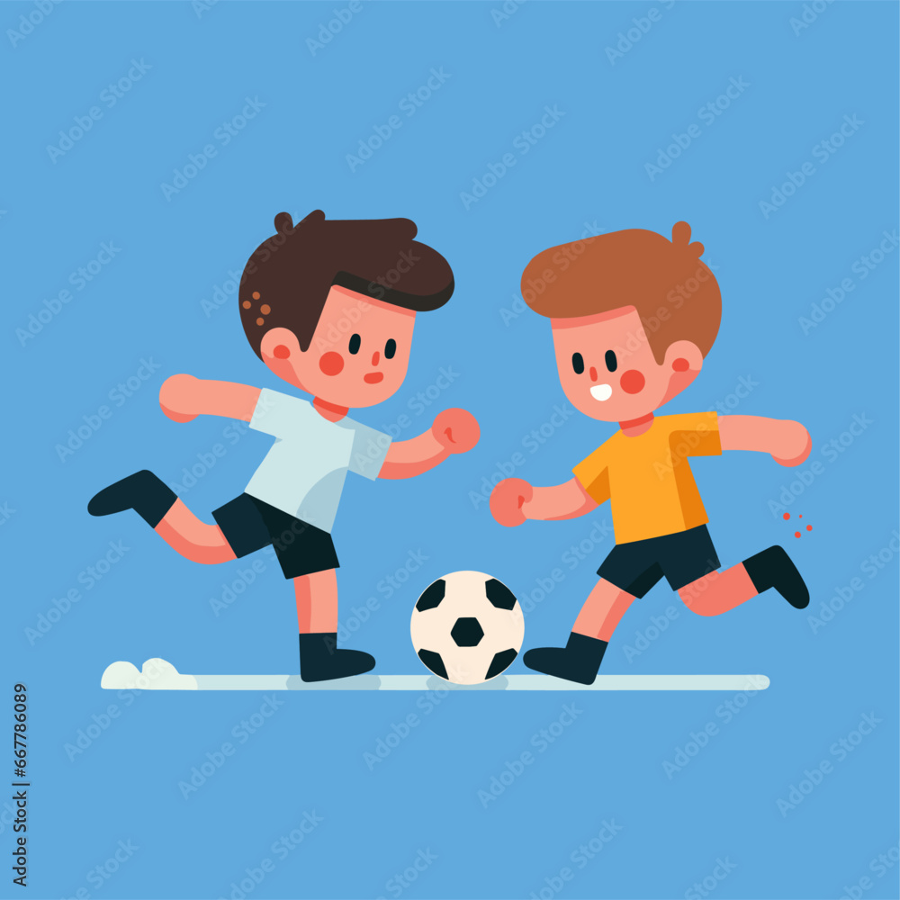 Children boys play football and come face to face to duel vector illustration
