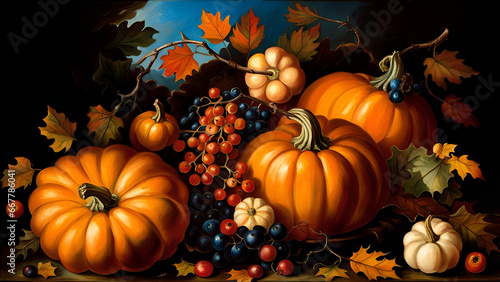 landscape with pumpkins  landscape with pumpkins and trees  halloween jack o lantern with pumpkins  autumn leaves background  autumn leaves frame  autumn leaves border  ai generated