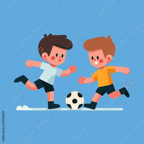 Children boys play football and come face to face to duel vector illustration
