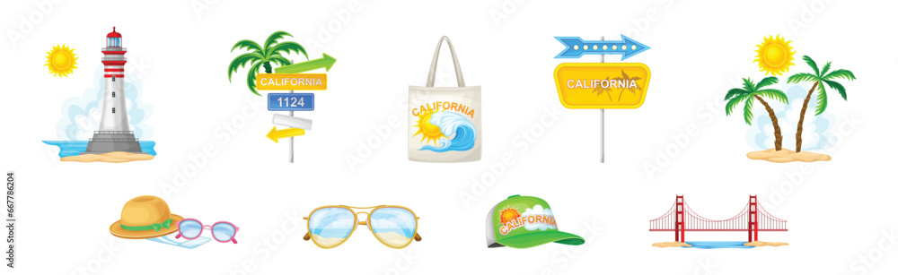California Travel and Tourism with Summer Beach Objects Vector Set