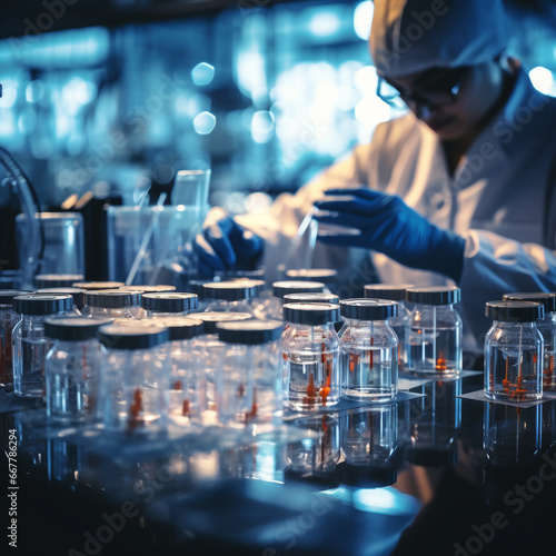 researcher in laboratory room do testing and checking liquid in glass tube  science background blue tone.