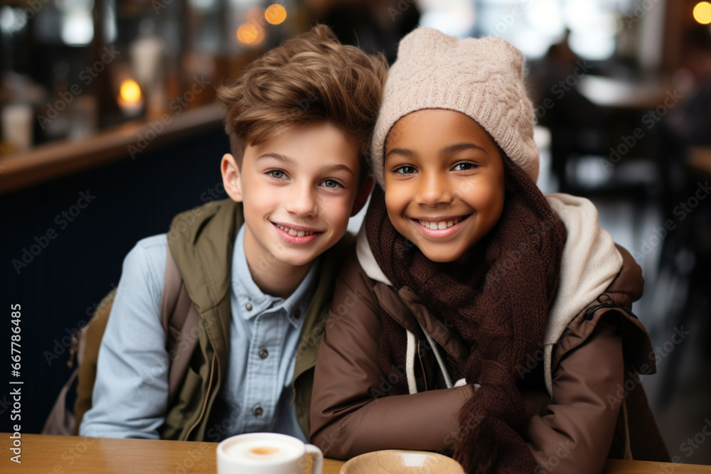 Multiracial elementary school pupil kids children hug each other have romantic date in cafe restaurant. First mutual love like each other from young years relationship sensuality tenderness concept. Multiracial elementary school pupil kids children hug each other have romantic date in cafe restaurant. First mutual love like each other from young years relationship sensuality tenderness concept.