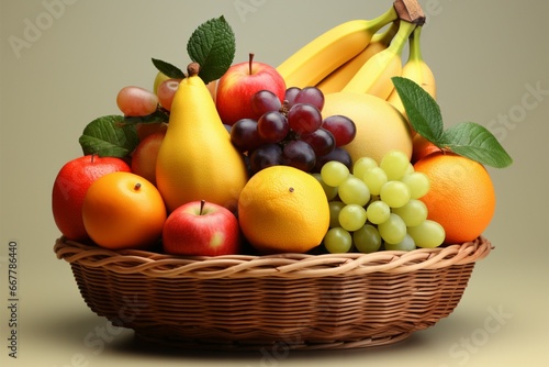 Fruits in a basket  set against a gentle  pale colored background