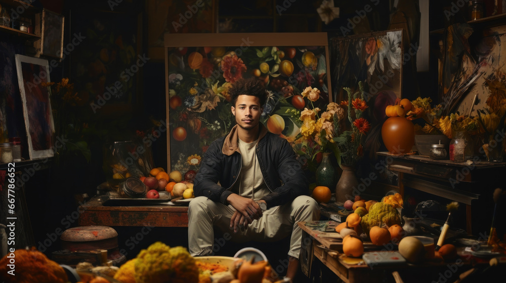 African american young artist man sitting at the table in art studio. African american young artist man sitting at the table in art studio.