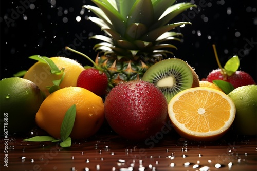 Group of tropical fruits with dewy water particles enhancing their beauty photo