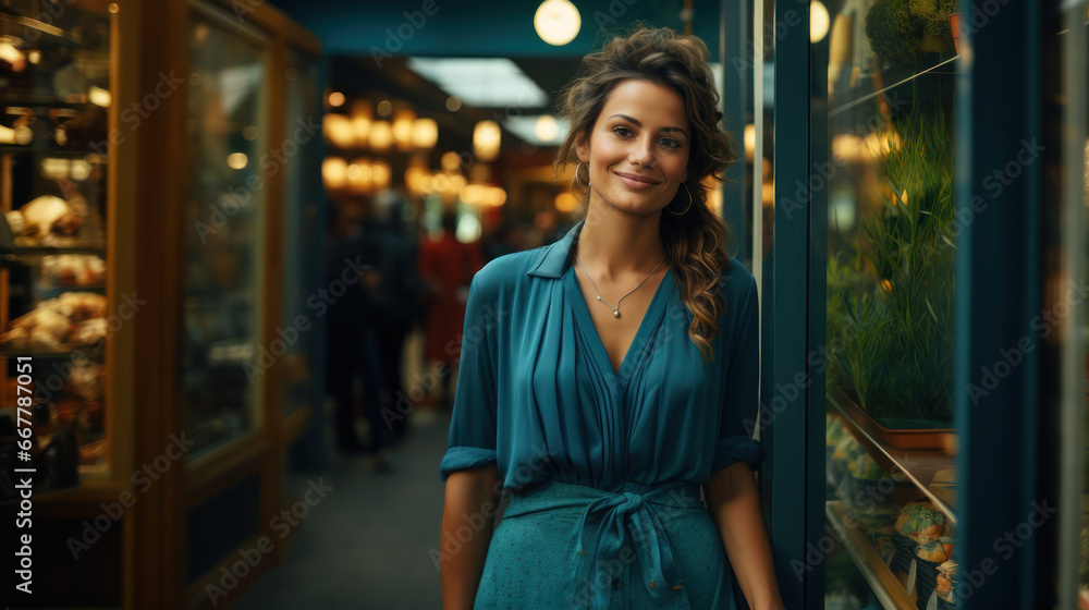 Pleased european young woman in a blue dress in a shop of Paris. Pleased european young woman in a blue dress in a shop of Paris.