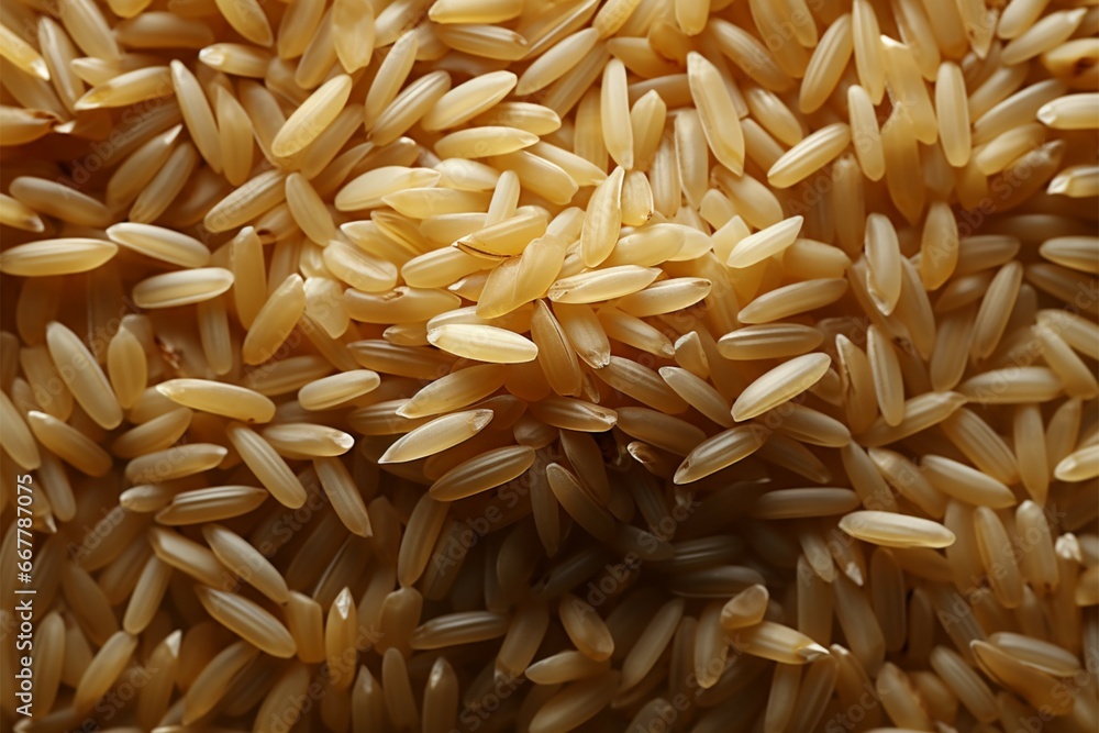 Individual rice grains artfully scattered across a tables surface Individual rice grains artfully scattered across a tables surface