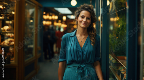 Pleased european young woman in a blue dress in a shop of Paris. © AS Photo Family