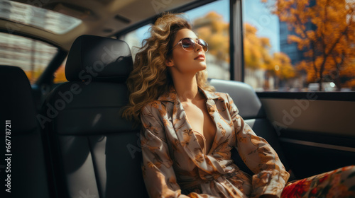 Young beautiful woman in sunglasses sitting on the backseat of a car at autumn city. © AS Photo Family