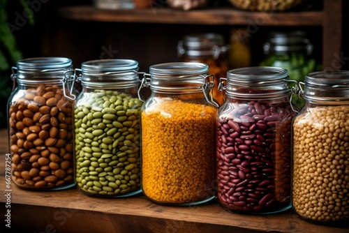 Legumes and beans, a mix of dried and fresh, beautifully presented in glass containers