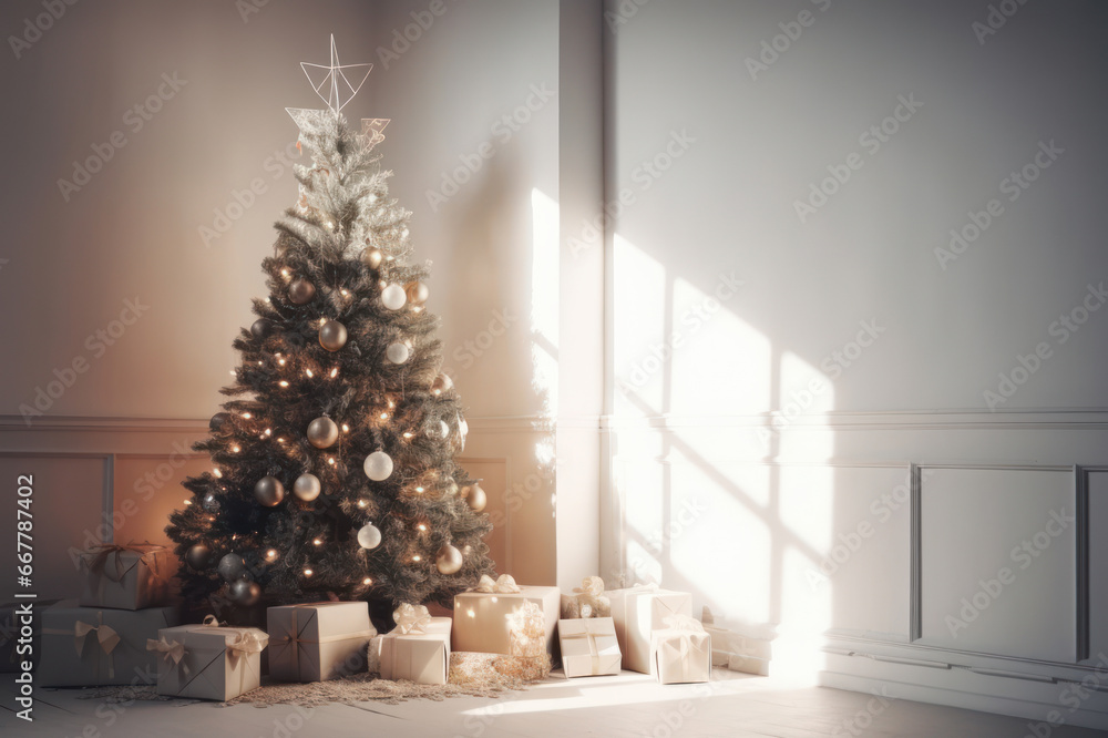 Decorated Christmas tree inside the living room. Generative AI Decorated Christmas tree inside the living room. Generative AI