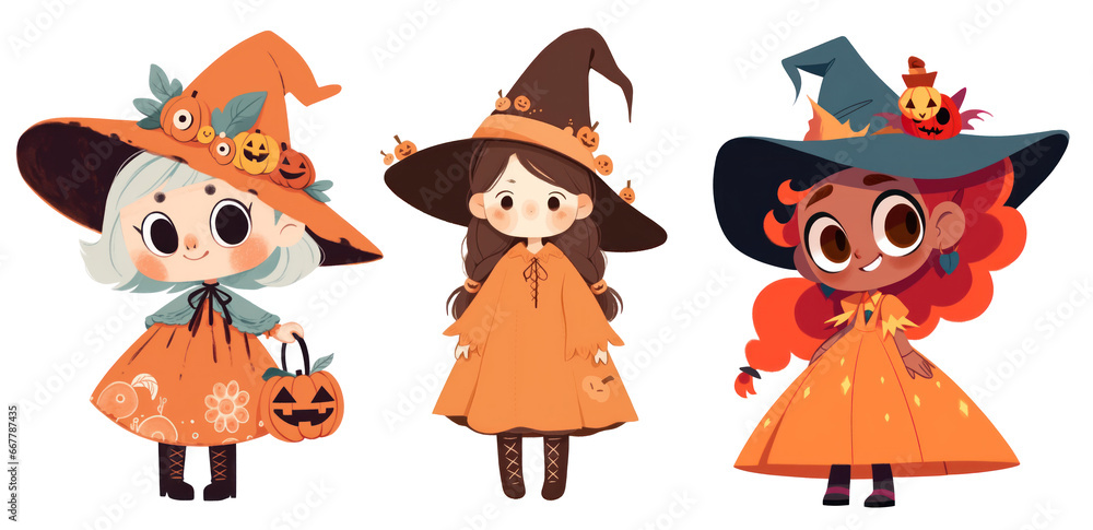 Group of halloween witch cute cartoon. Isolated on transparent background Group of halloween witch cute cartoon. Isolated on transparent background