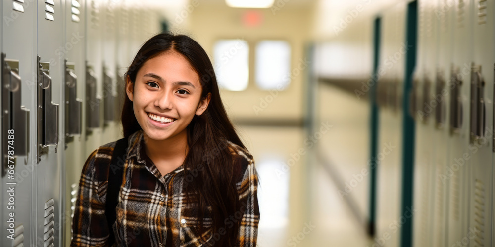 Confident Teen Girl Smiles by Locker in High School Corridor Confident Teen Girl Smiles by Locker in High School Corridor