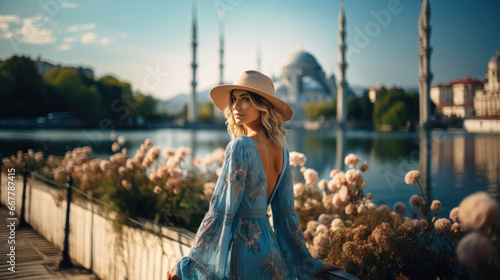 Beautiful girl in hat and blue dress on the embankment near the mosque in Istanbul, Turkey.
