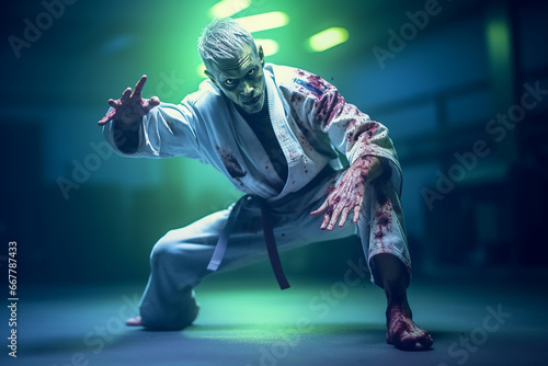 Portrait of a zombie karate fighting on a dark background.
