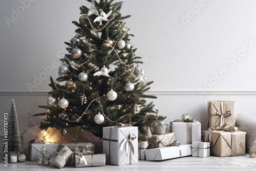 Christmas tree, surrounded by gifts, on a white background. Generative AI