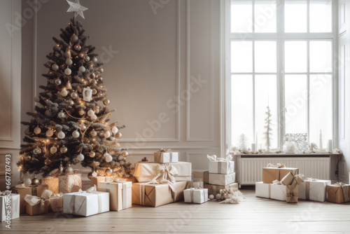 Christmas tree, surrounded by gifts, in a room with a large window. Generative AI