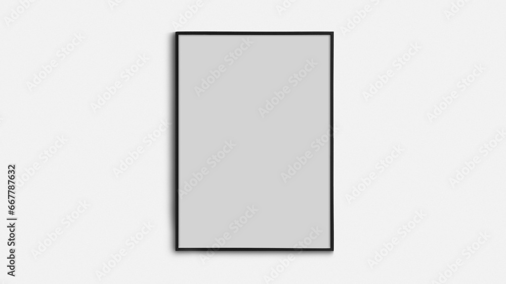 Black rectangular picture frame on white wall with blank paper in it. You can place your image in this frame. Interior photo. Painting, poster, photograph. Decorate your apartment in a modern style Black rectangular picture frame on white wall with blank paper in it. You can place your image in this frame. Interior photo. Painting, poster, photograph. Decorate your apartment in a modern style