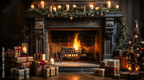 Picturesque Christmas Living Room with Wrapped Presents and Fireplace