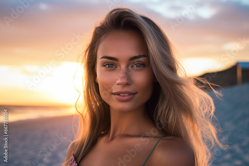Generative AI picture portrait of beautiful young woman face closeup summer beach sunset © deagreez