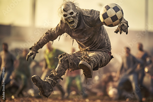 zombie playing football on the field, halloween concept.