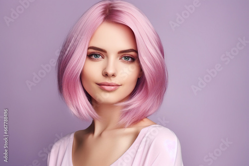 Generative ai picture of beautiful fashion model woman demonstrating perfect haircut pink stylish hair after salon