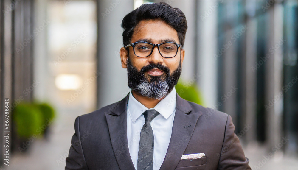 Fototapeta premium Proud confident bearded indian business man investor, rich ethnic ceo, corporate executive, professional lawyer banker