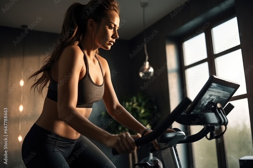 Home biking workout. Photo of a young Caucasian blonde woman during a workout on a home exercise bike. Keep yourself in shape with electronic results tracking. Smart fitness at any age.
