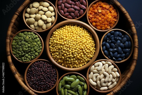 Various seeds, such as beans and citrus, artfully arranged in a basket