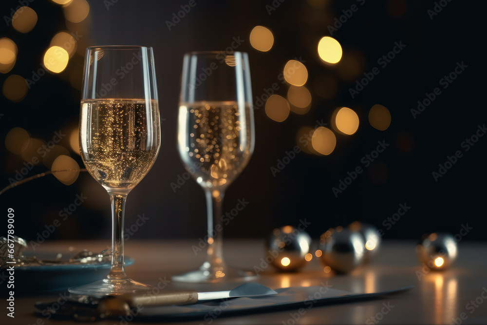 Two glasses of cava wine, on a glass table, with Christmas lights in the background. Generative AI Two glasses of cava wine, on a glass table, with Christmas lights in the background. Generative AI