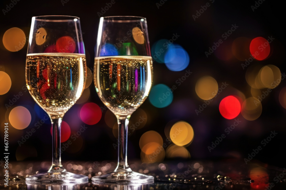 Two glasses of cava wine, on a glass table, with Christmas lights in the background. Generative AI Two glasses of cava wine, on a glass table, with Christmas lights in the background. Generative AI