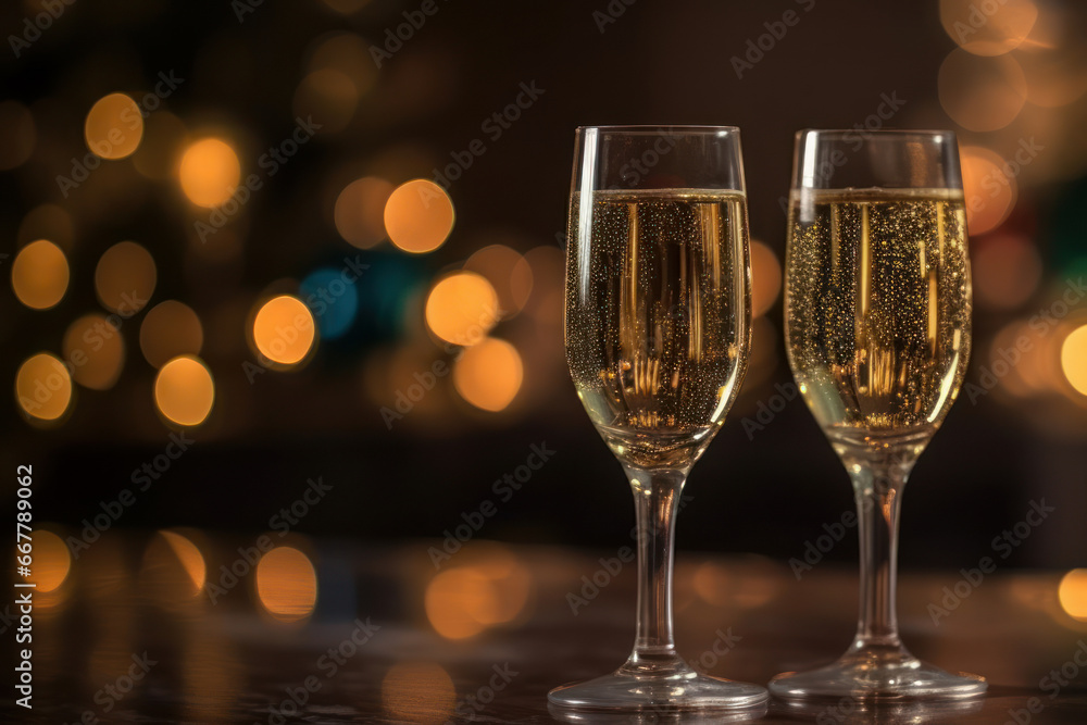 Two glasses of champagne on a table, with the background of Christmas lights. Generative AI Two glasses of champagne on a table, with the background of Christmas lights. Generative AI