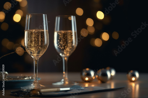 Two glasses of cava wine, on a glass table, with Christmas lights in the background. Generative AI