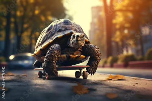 Huge turtle on a skateboard. Speed increase, reptile courier delivery, transportation, efficient fast movement, time saving concept photo