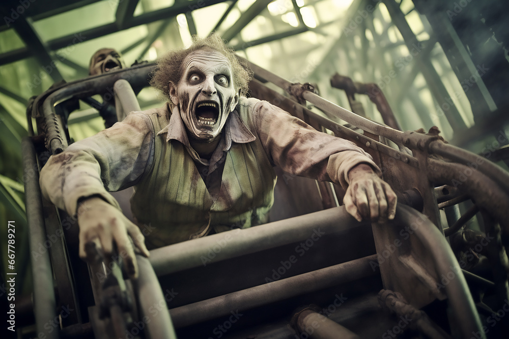 Zombies have fun playing on a roller coaster in an amusement park. Zombies have fun playing on a roller coaster in an amusement park.