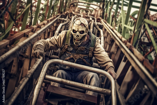 Zombies have fun playing on a roller coaster in an amusement park.