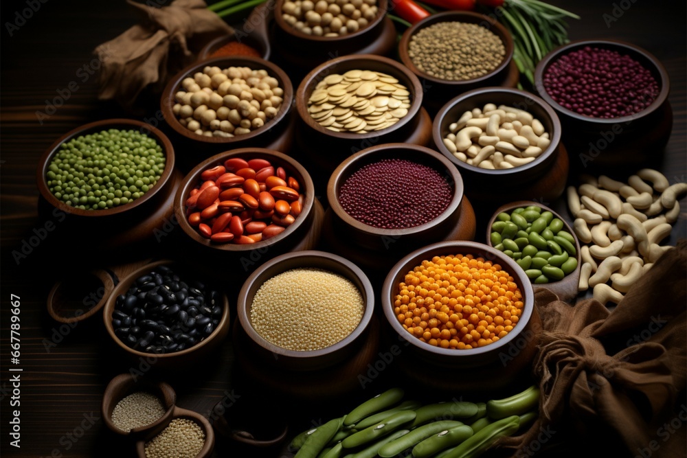 Wooden table adorned with a rich variety of beans and seeds Wooden table adorned with a rich variety of beans and seeds