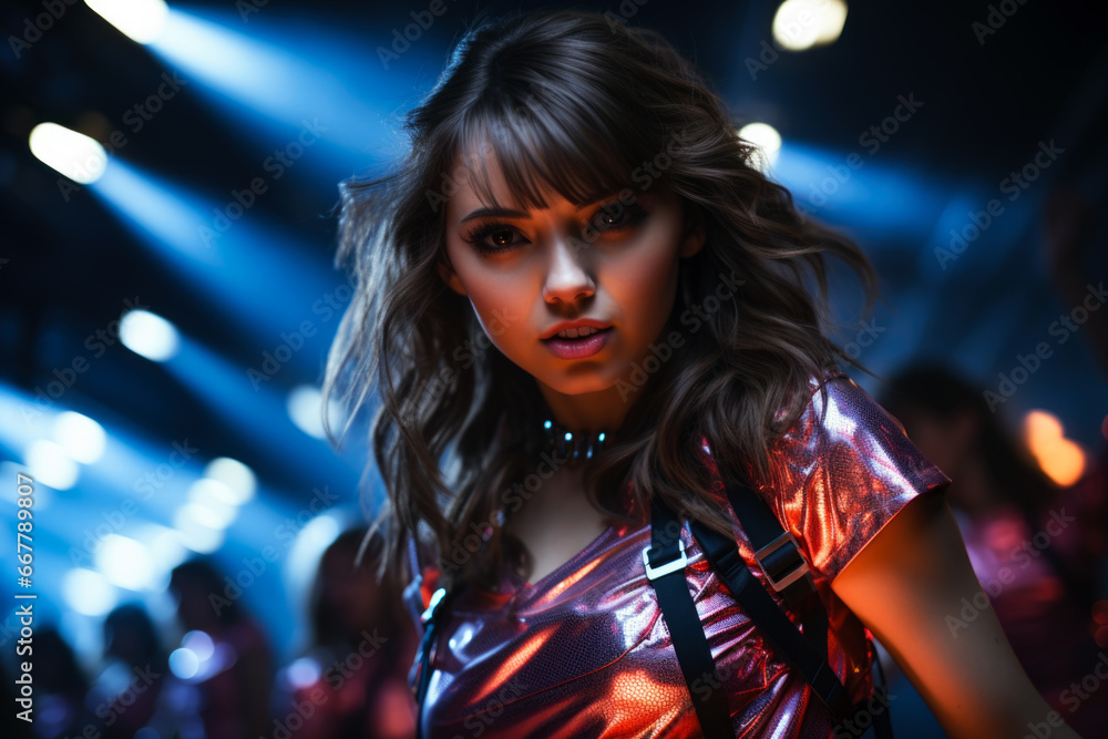 Beautiful happy cute young woman dancing at a nightclub party, disco girl having fun with friends Beautiful happy cute young woman dancing at a nightclub party, disco girl having fun with friends