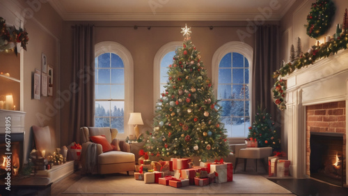 Wallpaper Mural Beautiful Living Room, Xmas decoration, tree, gifts, snowing, big window, cozy, fireplace, xmas socks, golden details, couch, Generative AI Torontodigital.ca