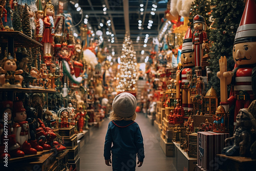child in toy store at christmas 