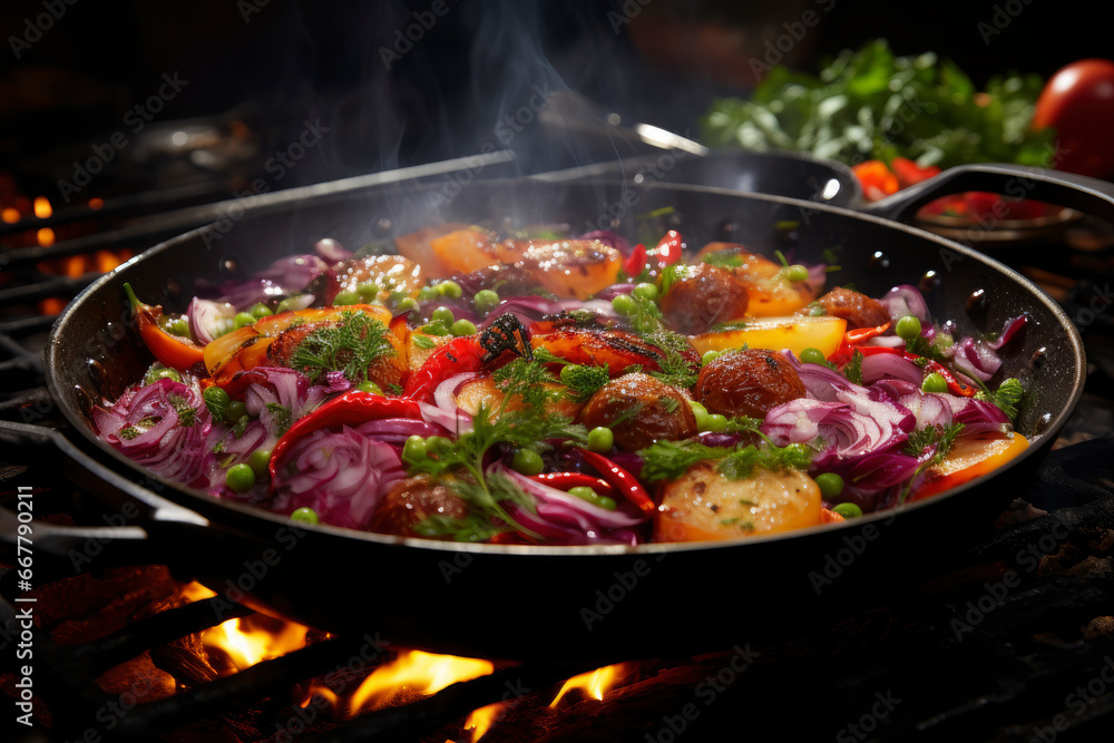 Stewed vegetables in a frying pan, vegetable ratatouille Stewed vegetables in a frying pan, vegetable ratatouille