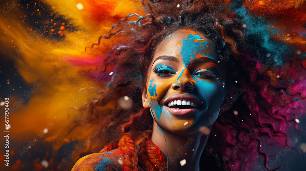 Euphoric woman with vibrant face paint, surrounded by a dynamic mix of colors and lights, showcasing artistic expression and joy