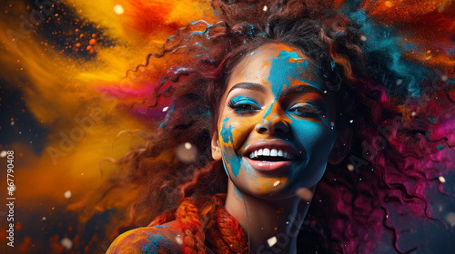 Euphoric woman with vibrant face paint, surrounded by a dynamic mix of colors and lights, showcasing artistic expression and joy