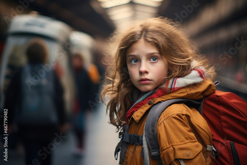 a teenage girl who ran away from home stands scared with anxiety in her eyes at the railway station,