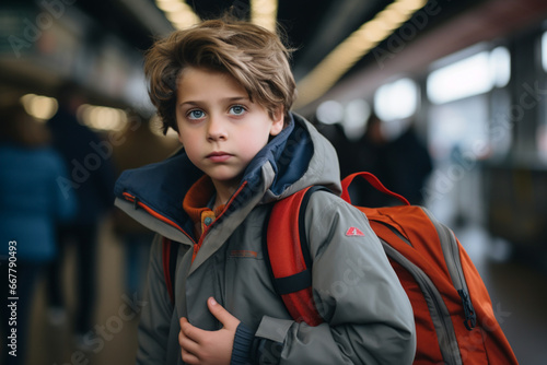 a teenage boy who ran away from home with a backpack stands scared at the railway station,